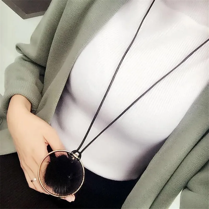 POPLO High Quality Fashion Mink Fur Ball Metal Round Necklaces For Women Vintage Statement Necklace Sweater Chain Winter Jewelry | Украшения