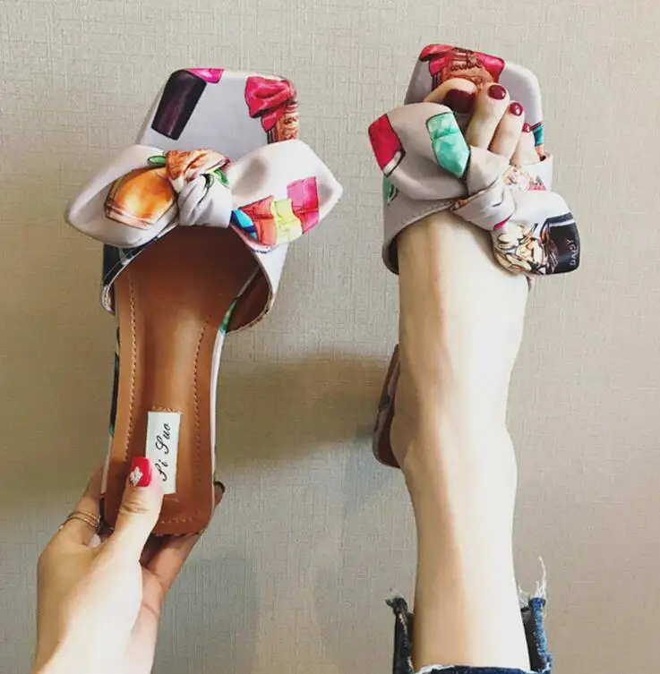 candy color flower printing bow sandals women thick heel floral slippers slides femmes colorful bow-knot flip flops terlik c661 - Цвет: purple
