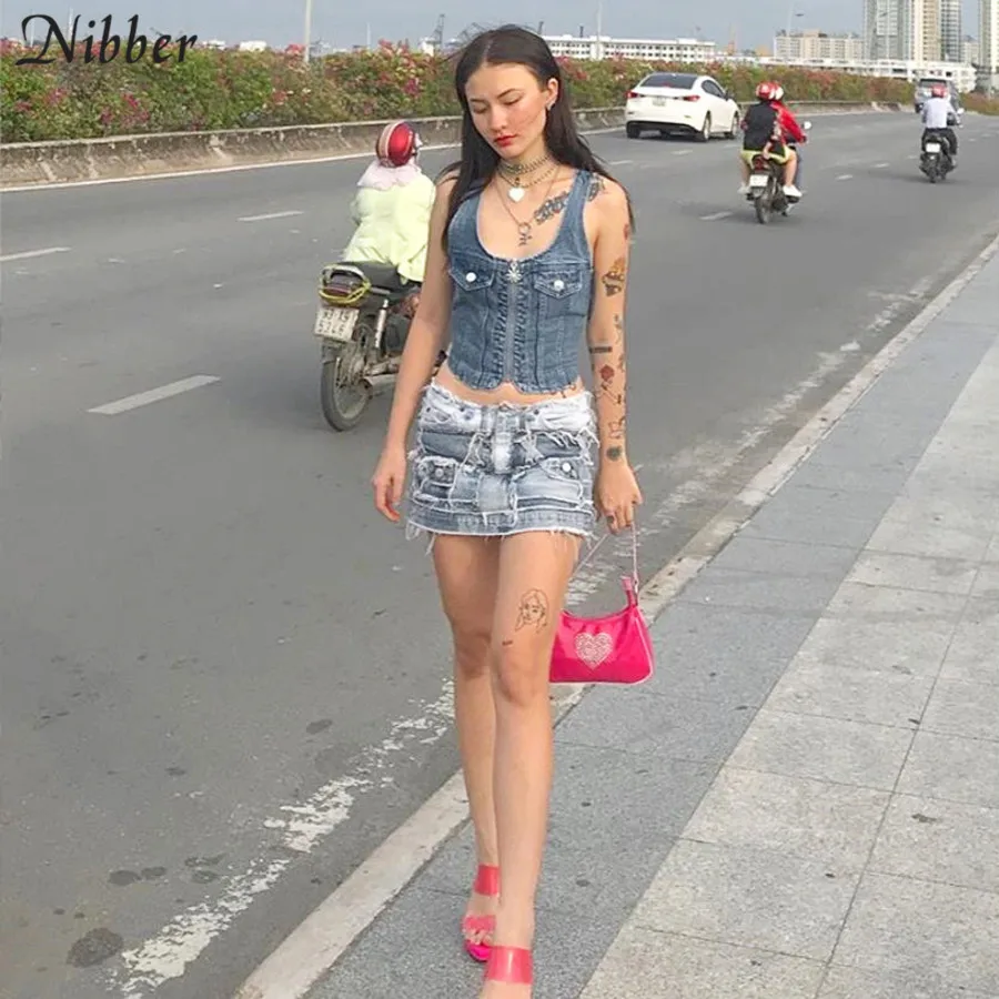 Nibber High street повседневные джинсовые укороченные топы для женщин camisole Летняя мода Панк Базовые Футболки без рукавов тонкие топы на бретелях mujer