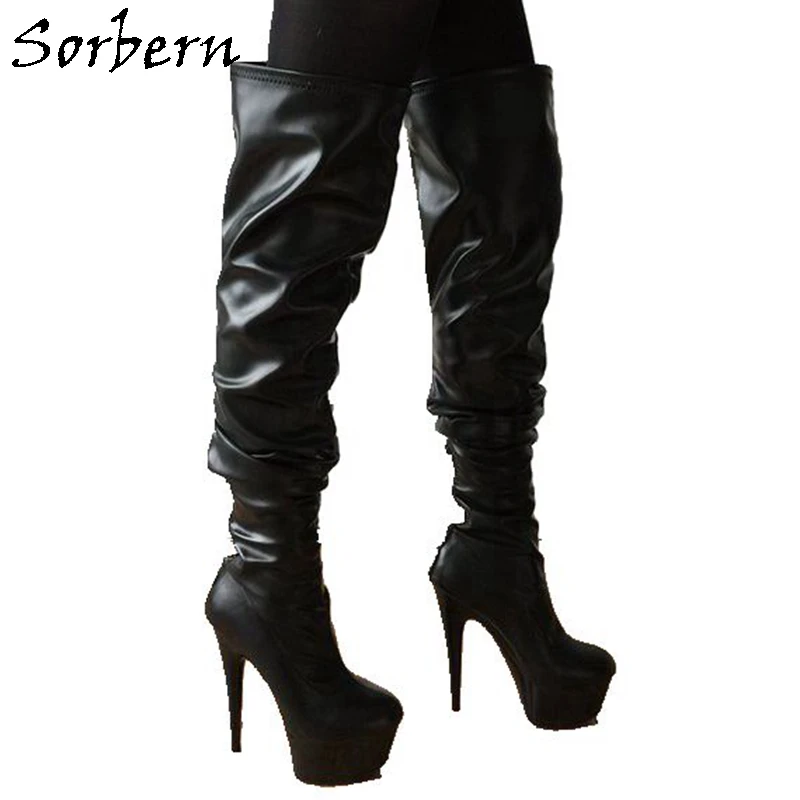 Sorbern Over Knee Length Boots Mid-Thigh Crotch Runway Cat Women Boot Black Matte 15cm Heels Platform Ladies Party Boots 2019