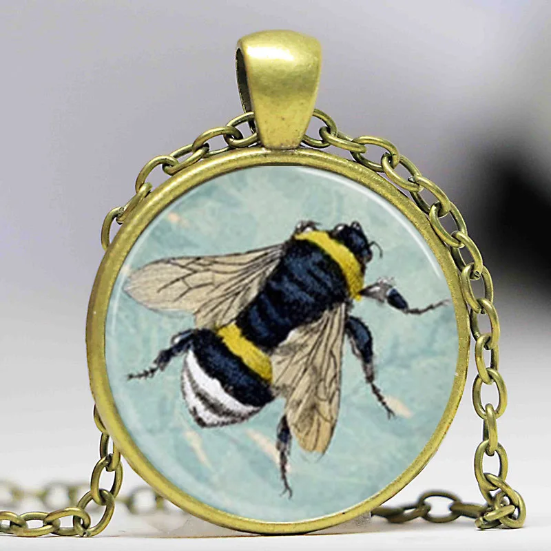 Бесплатная доставка ожерелье медовая пчела на синем цветочном фоне кулон в виде