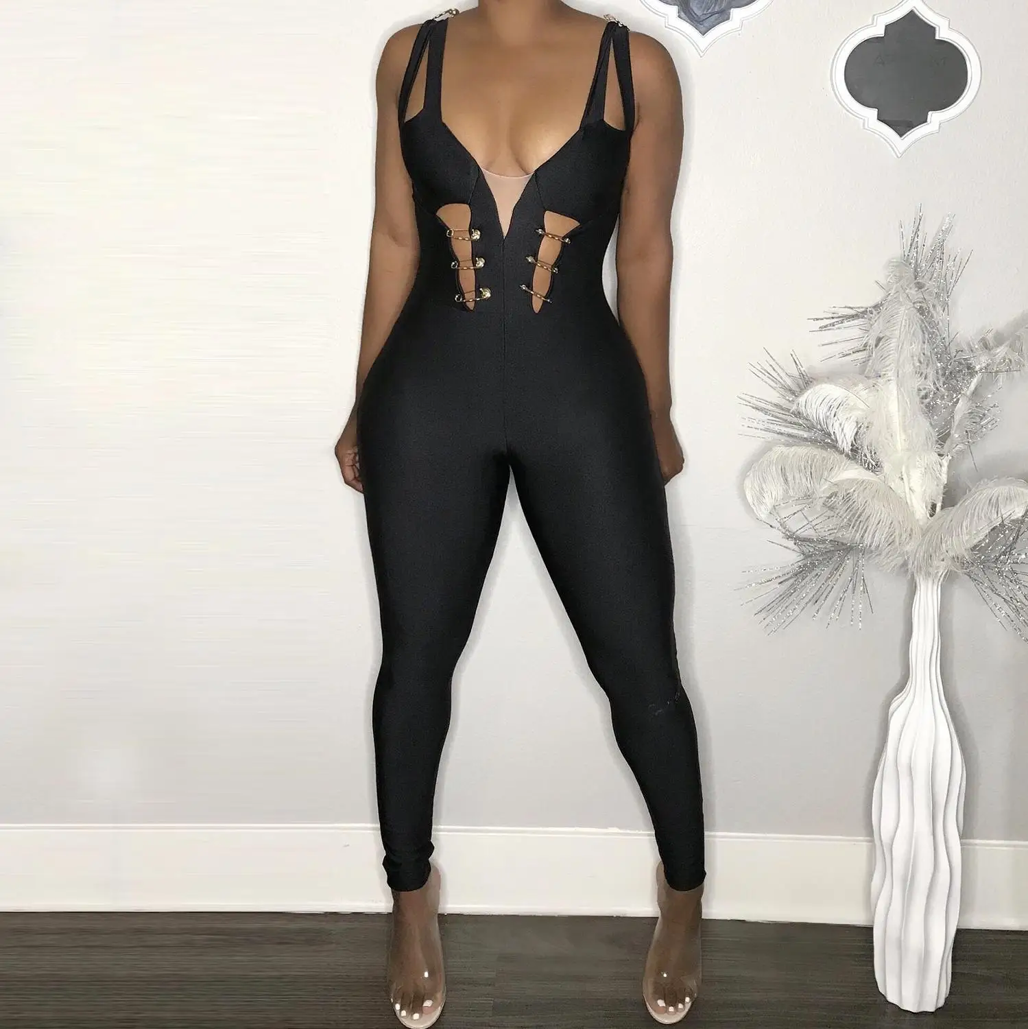 Женский Облегающий комбинезон без бретелек черный темно желтый в стиле звезд для