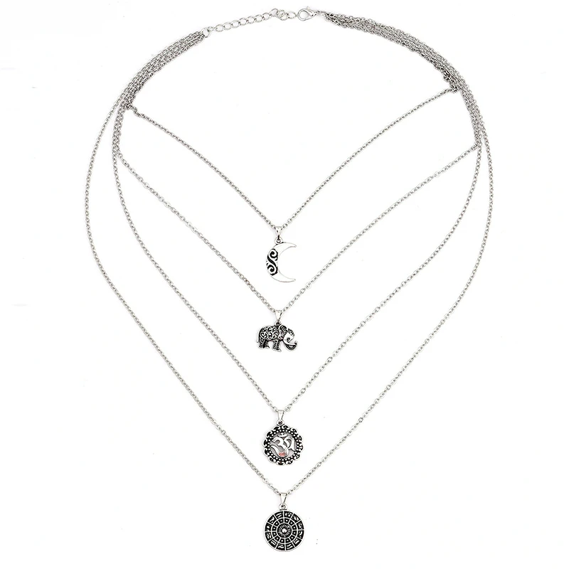 4 Pcs/Set Retro Moon Om Yoga Round Pendant Silver Color Necklace Female Bohemian Beach Party Ornaments Women Set | Украшения и