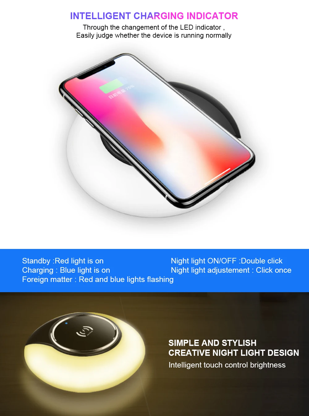 Ascromy светодиодный ночник Беспроводной Зарядное устройство Подставка для iphone 8 Plus X XR XS Max samsung Galaxy S9 Note 9 QI индукции быстрой зарядки