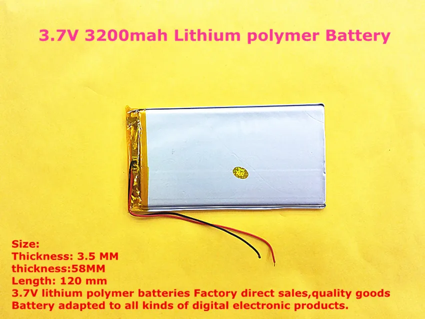 

Size 3558120 3.7V 3200mah Lithium polymer Battery with Board For PDA Tablet PCs Diital Products