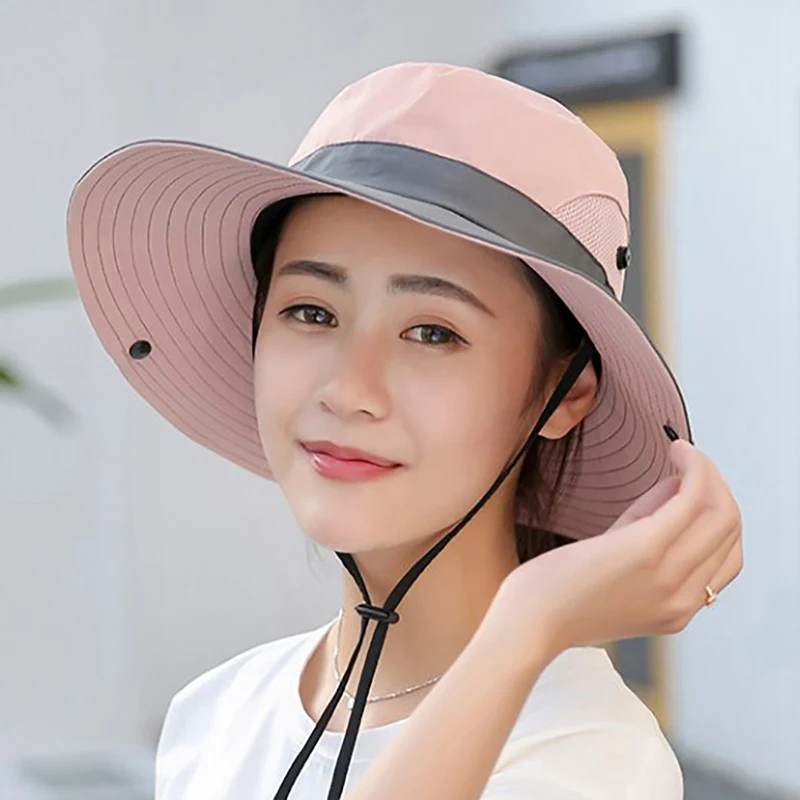 Outdoor Hiking Wide Brim Bucket Hat Women Quick Drying Breathable Packable Sunshade UV-proof Ponytail Cap With Chain Strap