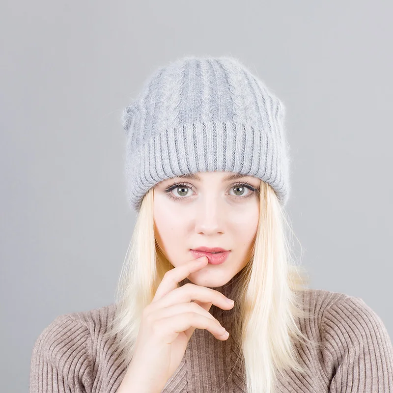 Мягкая вязаная шапка из кроличьего меха женская зимняя плотная теплая шерстяная