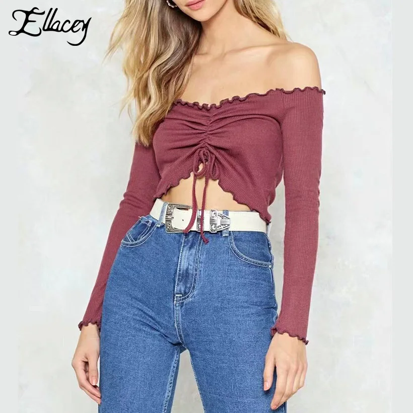 Женский короткий топ Ellacey с длинным рукавом без бретелек вырезом лодочкой на