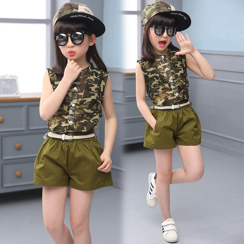 Детская одежда летняя камуфляжная из шифона с ремнем для девочек 3 шт. армейский