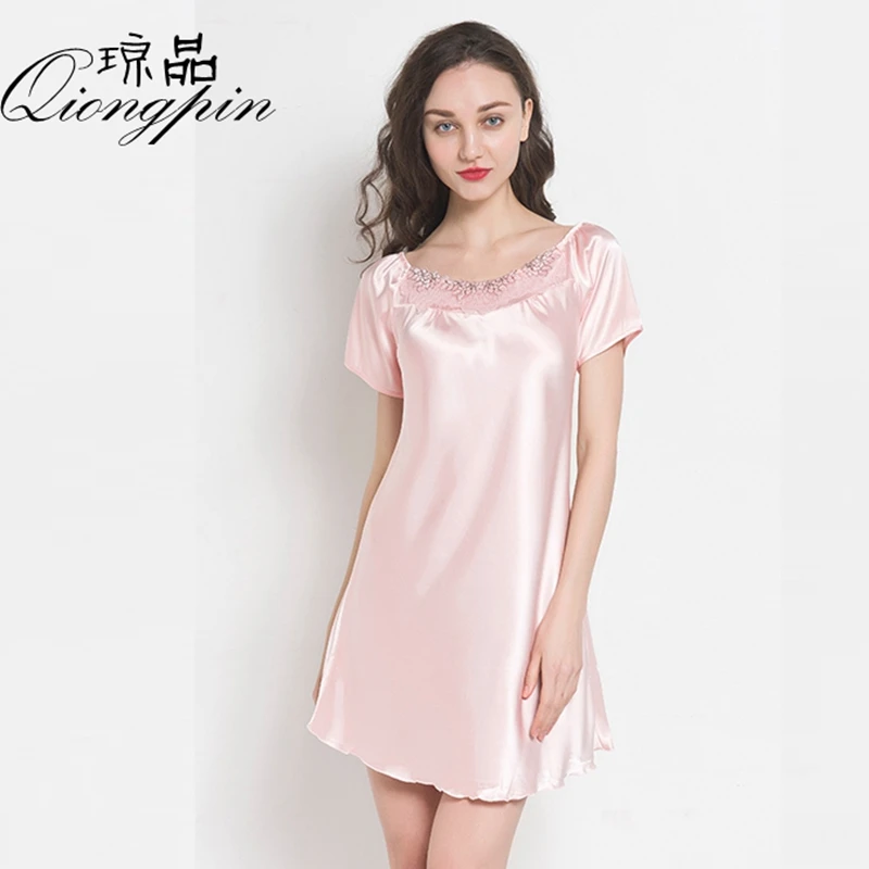 Дамы шелковая ночная рубашка для девочек пикантные шелковые Sleepdress короткий рукав сексуальное ночное белье сексуальное пижамы Мягкая Homedress ночная рубашка B-5311 - Цвет: Розовый