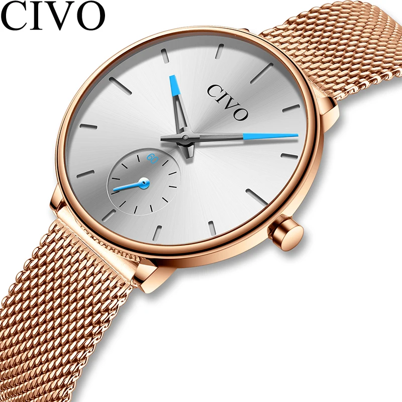 CIVO МОДНЫЕ ЖЕНСКИЕ НАРЯДНЫЕ часы розовое золото сталь сетчатый ремешок Женские