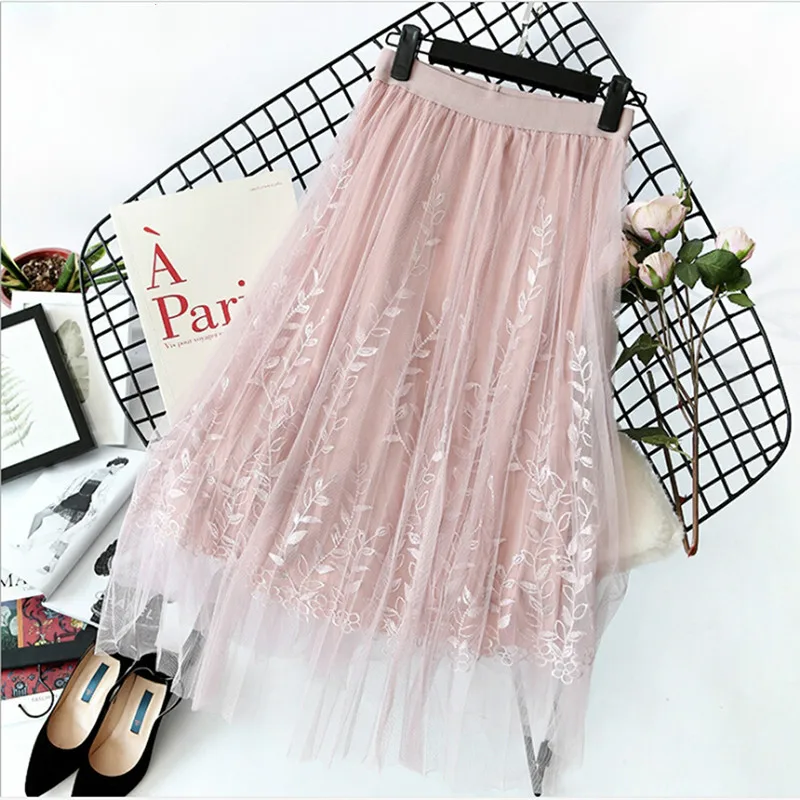 HXJJP Elegant Tulle Pleated Skirt Women Long Summer Floral Embroidery A-line Tutu Lace Mesh Midi | Женская одежда