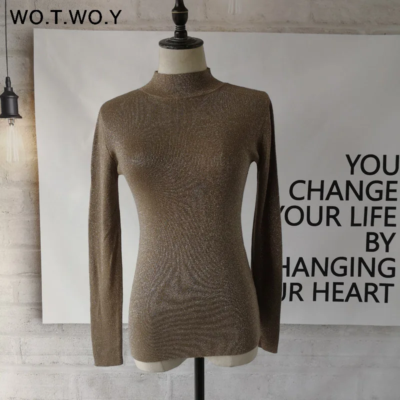 T862-Khaki WOTWOY Блестящий свитер с воротником-хомутом и люрексом, Женский пуловер, вязаный тонкий зимний кашемировый свитер, женские джемперы, базовый черный, розовый - Цвет: T862-Khaki