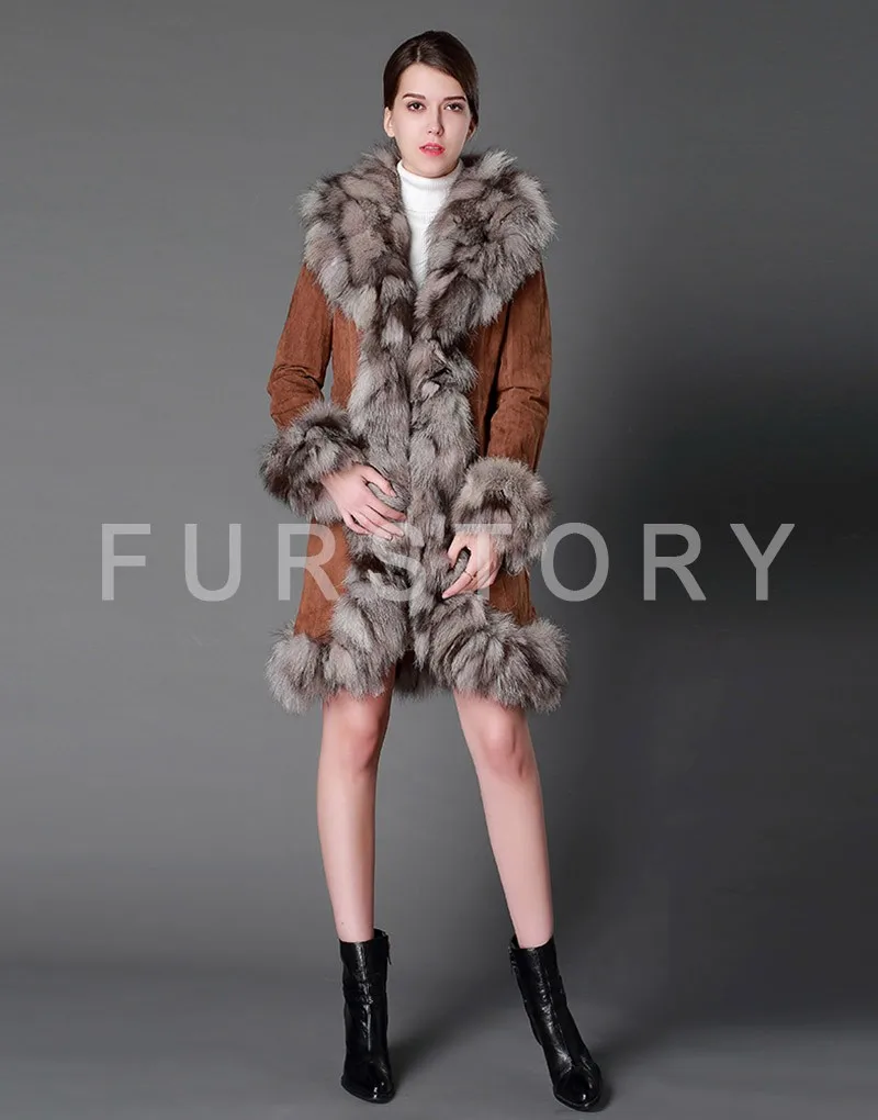Fur Story, 010204 Вт, пальто из натуральной кожи, пальто с воротником из меха серебристой лисы, куртка с отделкой, верхняя одежда, одежда, зимнее пальто