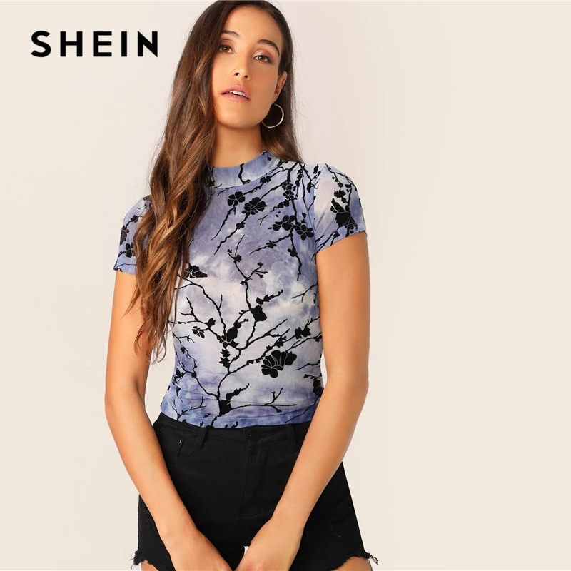 SHEIN Mock Neck Tie Dye растительный принт женские сетчатые топы летние Highstreet Тощий стоячий воротник Кепка рукав кроп женская футболка