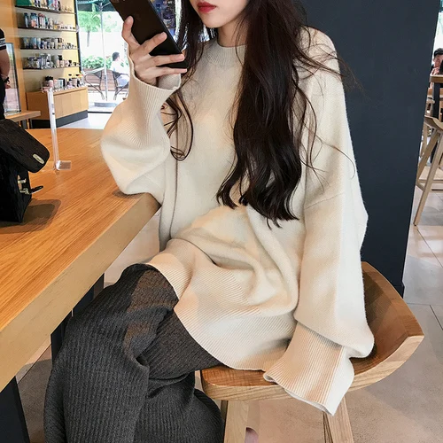 Apricot Зимние женские свитера, новинка, уличная одежда Harajuku, круглый вырез, рукав летучая мышь, теплые пуловеры, корейский стиль, женские шикарные вязаные джемперы с разрезом - Цвет: Apricot