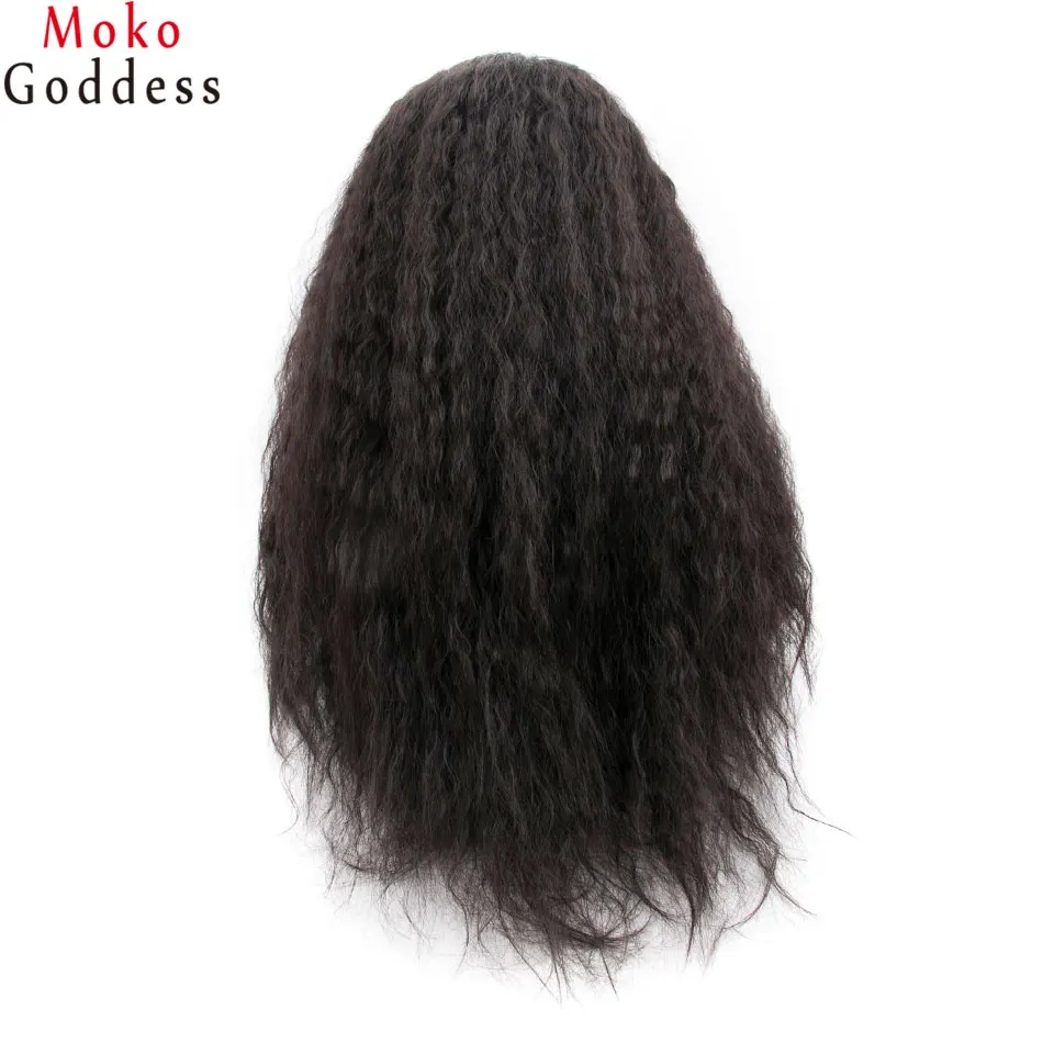 Mokogoddess 150% плотность черные прямые волосы Yaki синтетические парики шнурка синтетические передние парики для черных женщин
