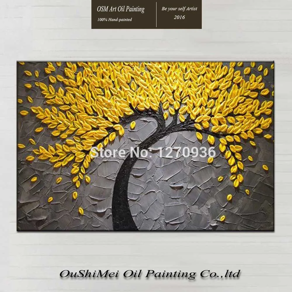 Популярный золотой пейзаж на удачу с золотым деревом ручная роспись ножом желтым