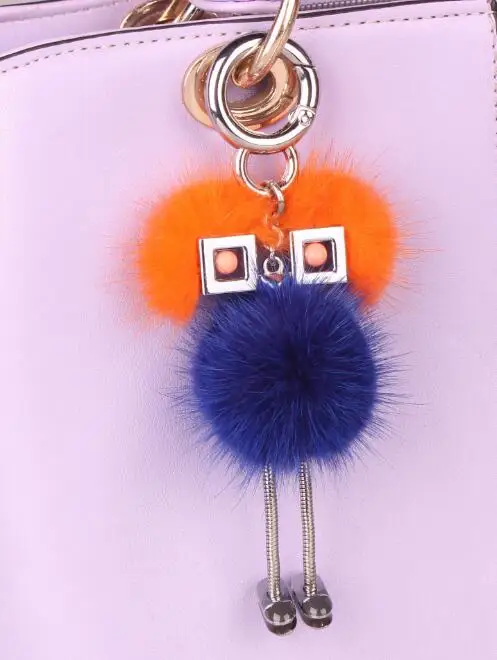 Настоящий норковый мех Pom Chick робот ключ кошелек ключ сумка с монстром Шарм милый Серебряный Робот Роскошный кулон из натурального меха кролика - Цвет: Синий