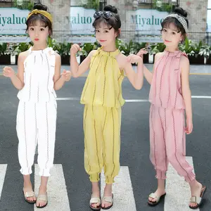 Комплекты летней одежды из хлопка и льна для девочек, футболка с воротником-стойкой + штаны, комплект из 2 предметов для девочек, подростков, комплект школьной детской одежды