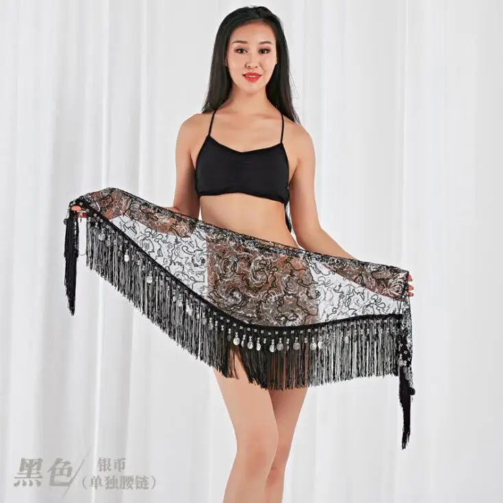 Black with silver Новое поступление, пояс с кисточками и блестками для танца живота, популярный женский шарф с вышивкой и блестками для восточных танцев, 9 цветов - Цвет: Black with silver