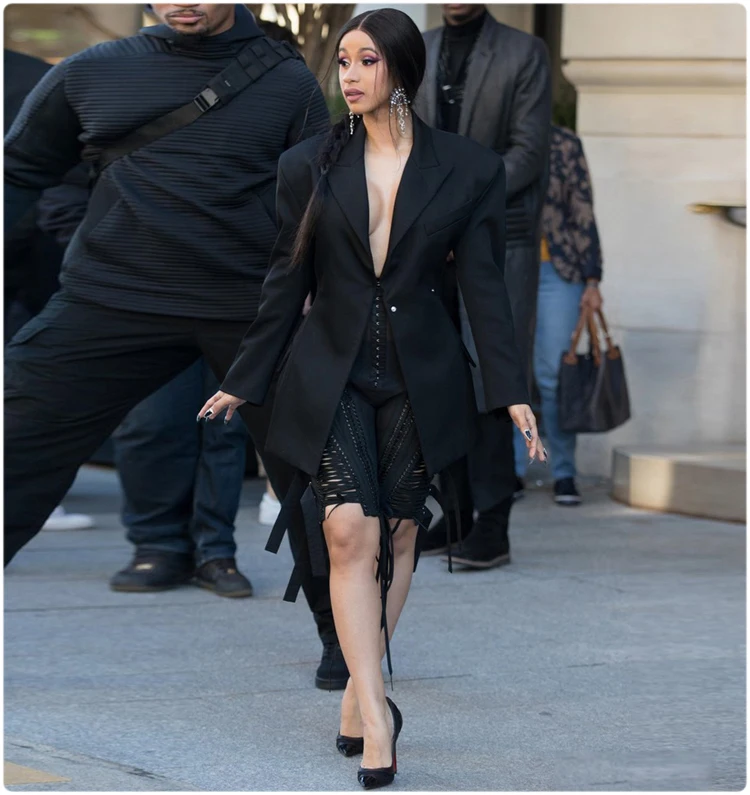 Парижская мода неделя Cardi B черный Блейзер со шнуровкой и шорты, комплект из 2 предметов, вечерние, сексуальные, с открытой спиной, блейзер длиной до колена, штаны, костюм