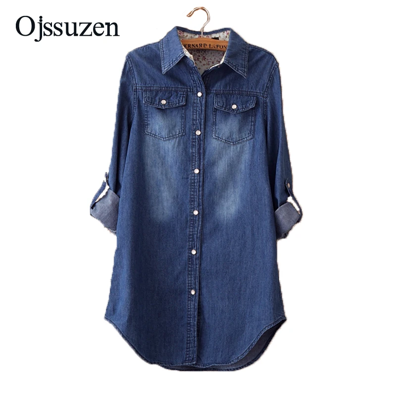 

Spring Autumn Plus Size Denim Shirts Women's Fashion Long Sleeve Blouses Single Breasted Bleached Work Thin Female Loose Shirt