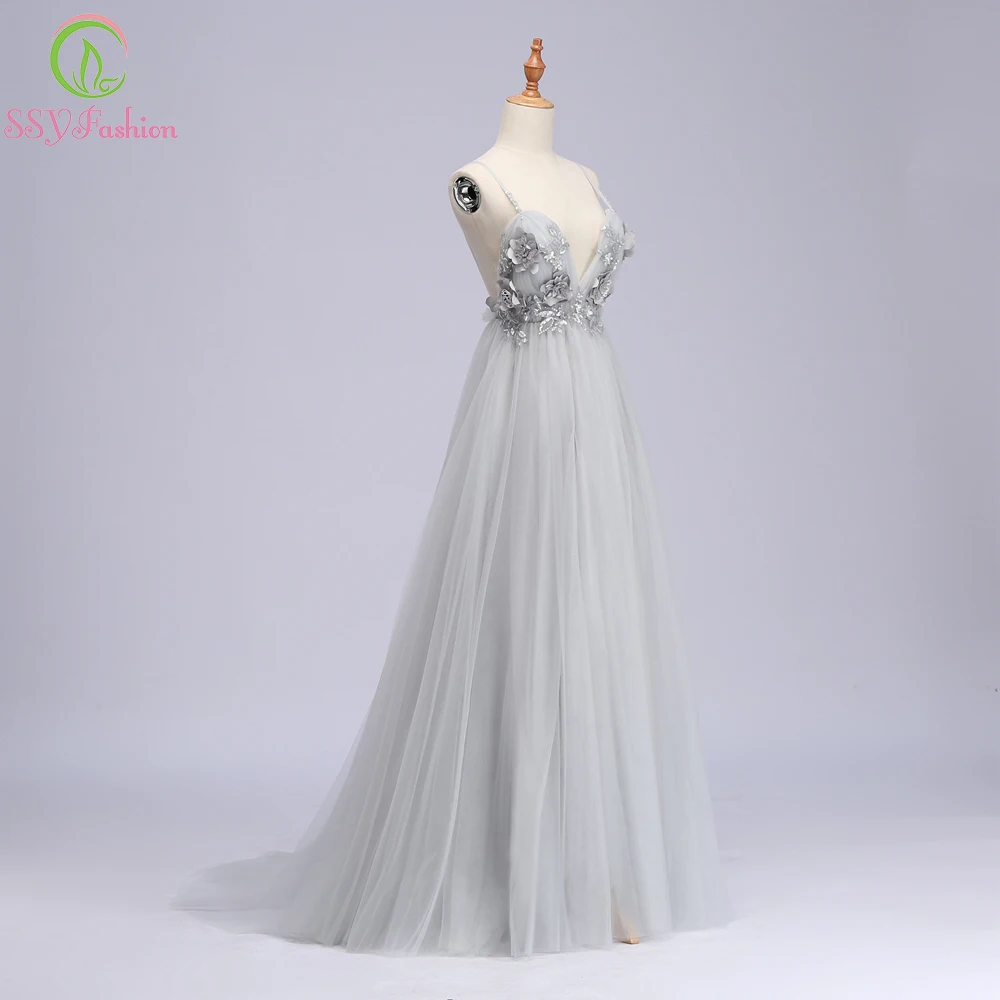 SSYFashion, новинка, сексуальное розовое вечернее платье с v-образным вырезом, без рукавов, Цветочная аппликация, шлейф, без спинки, вечерние платья для выпускного вечера, Robe De Soiree