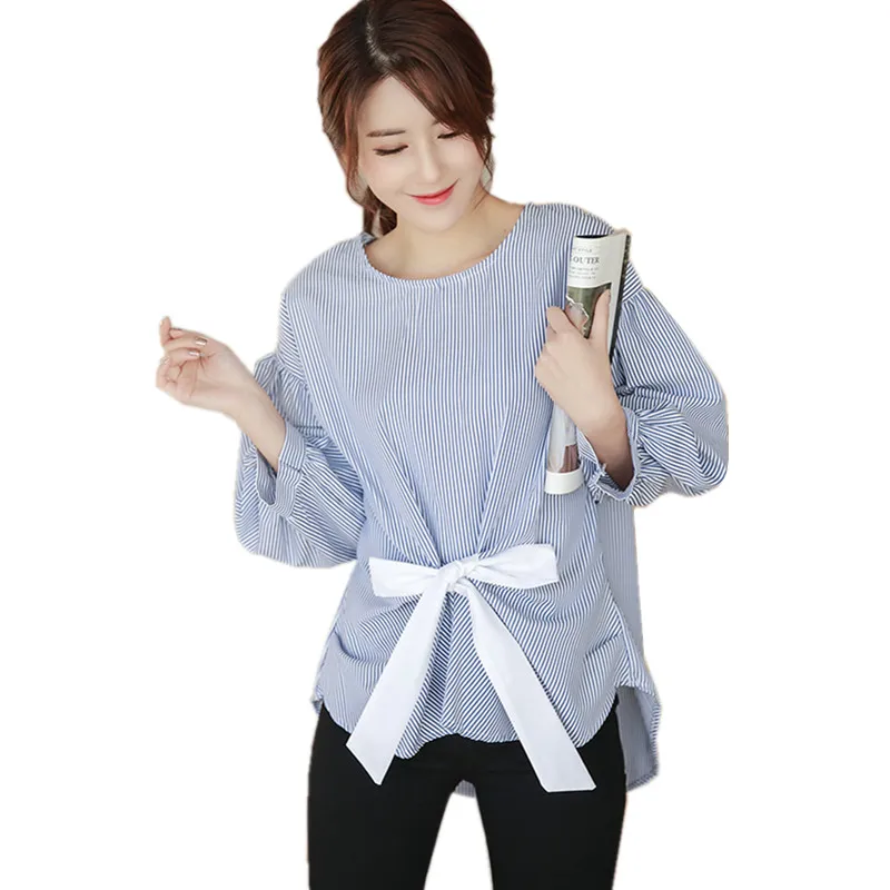 

Women striped shirt Korean fashion autumn tops ladies cute baby doll seven lantern sleeve blouse waisted bow lace up woman shirt