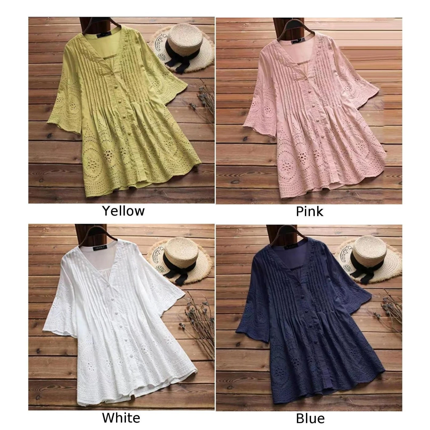 Свободные топы Блузка мешковатая Туника выдалбливают плиссированные пуговицы