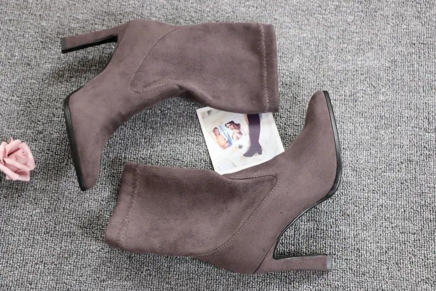 QUTAA New Winter Stretch Ankle Boots Sexy Hoof High Heels Women Shoes Platform Pointed Toe Slip on Short Boots Size 34-43