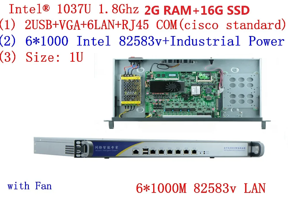 storage 1U Network Firewall support ROS RouterOS Mikrotik PFSense Panabit Wayos C1037u 6*Gigabit 1000M 82583v 2G RAM 16G SSD