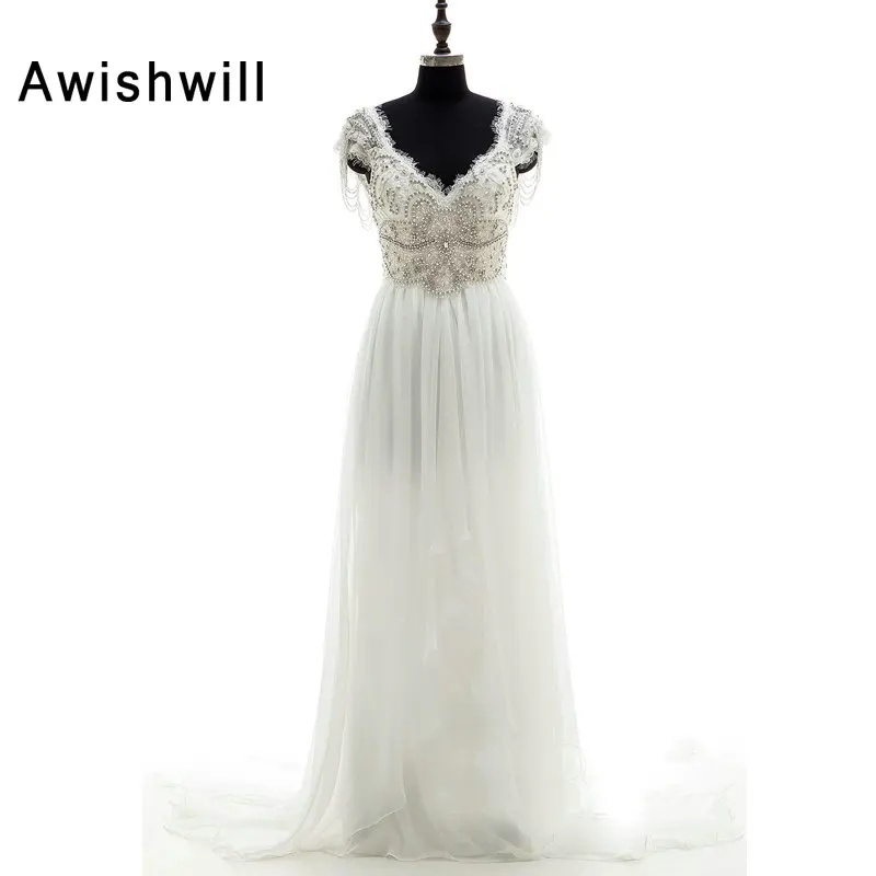 

Шифоновое свадебное платье-трапеция с рукавами-крылышками и драпировкой из бисера, свадебное платье со шлейфом для часовни, индивидуальный...