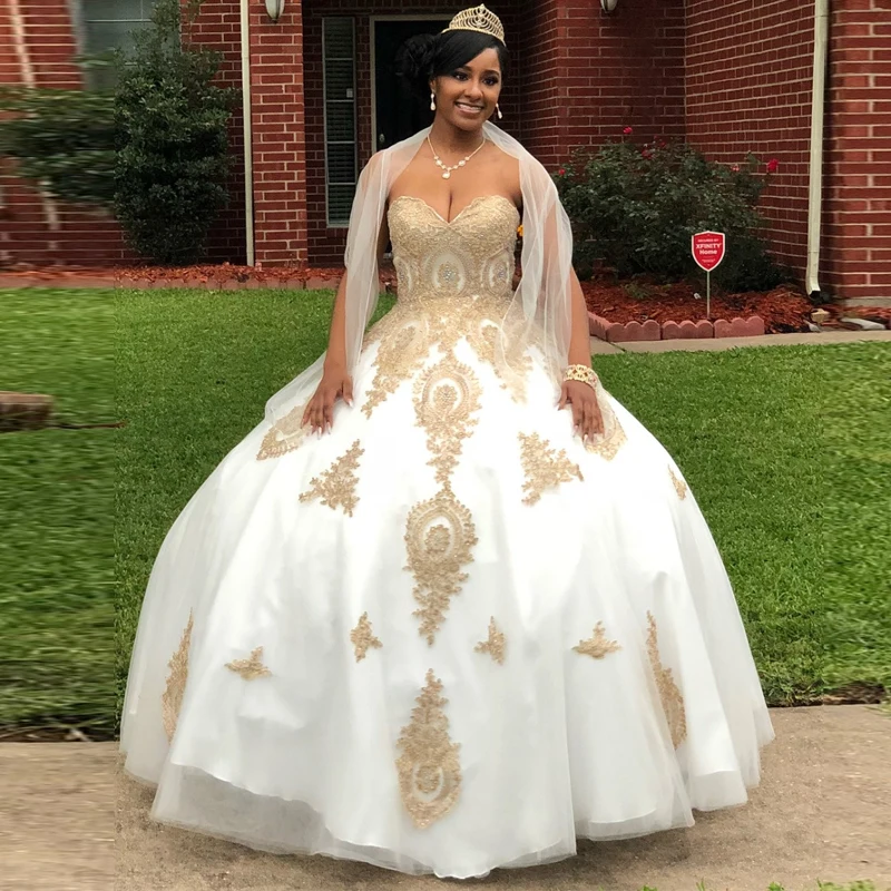 Бальное платье с белой золотистой аппликацией платья для Quinceanera милый корсет