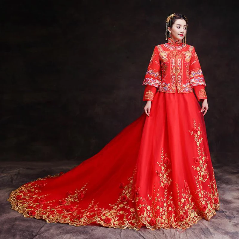 Роскошное Королевское красное платье с вышивкой китайское свадебное Qipao для