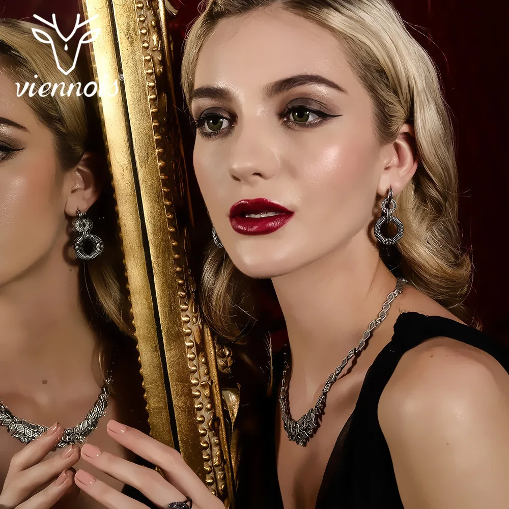 Viennois New Vintage Silver Color Metallic Double Circle Drop Earring Retro Rhinestones Paved Round Dangle Earrings for Women | Украшения и