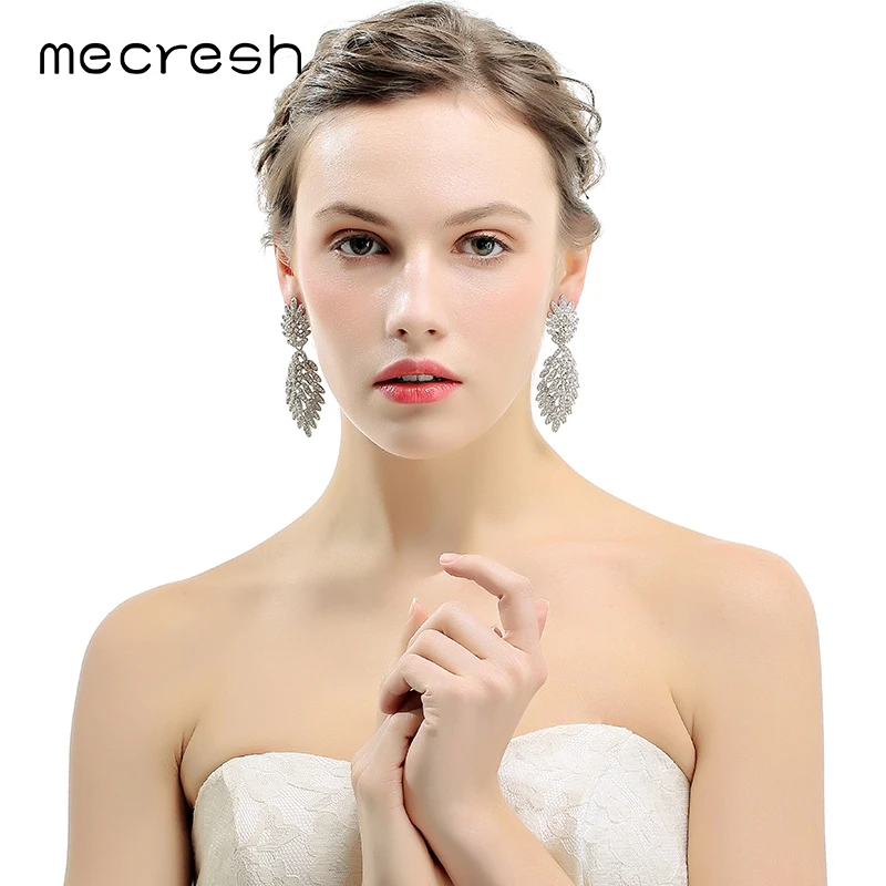 Длинные висячие серьги Mecresh в виде растения для невесты серебряный цвет стразы с