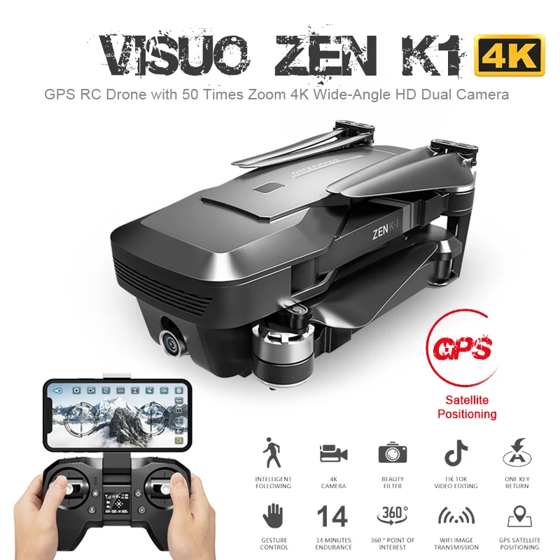 Радиоуправляемый Дрон Visuo ZEN K1 GPS 4K HD двойная камера управление жестами 5G Wi Fi FPV
