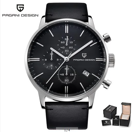 Black PAGANI, Топ бренд, Мужские кварцевые часы, спортивные, военные, хронограф, мужские наручные часы, сталь, кожа, 2720 K, синее золото, Relogio Masculino - Цвет: Black