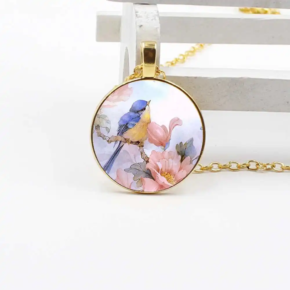 Высококачественное ожерелье украшение с стеклянным куполом и подвеской в виде ветки с голубыми птицами в новом модном стиле, подходящее в качестве подарка на Рождество.