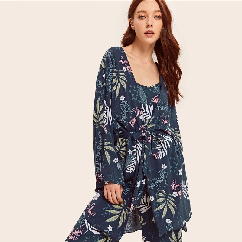Dotfashion/пижамный комплект на бретельках с цветочным принтом и халатиком; коллекция года; летние пижамы для женщин; Женская Повседневная Весенняя Домашняя одежда с длинным рукавом