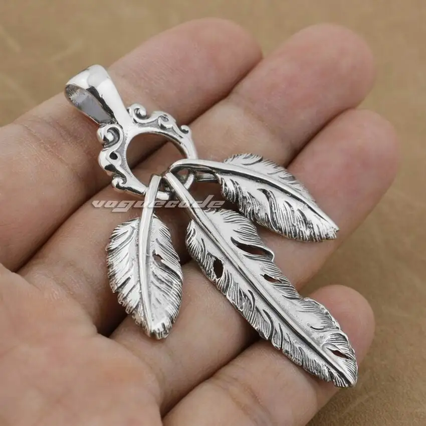Мужская подвеска с тремя перьями LINSION серебристая Байкерская в стиле рок панк