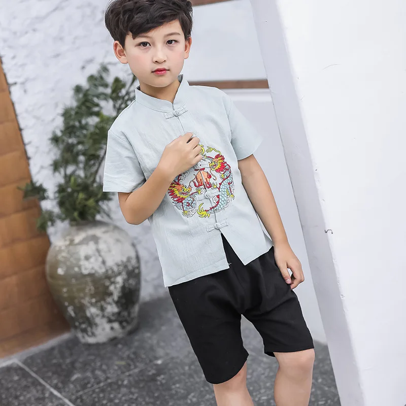 ActhInK 2019 New 3 Colors Boys Summer Linen Suit Peking Opera Design Dragon Pattern Tang Clothing Set |