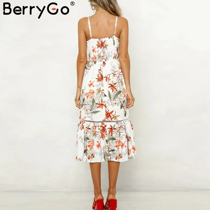 BerryGo Sexy v шеи Женщины платье Спагетти ремень винтажное с цветочным принтом летнее