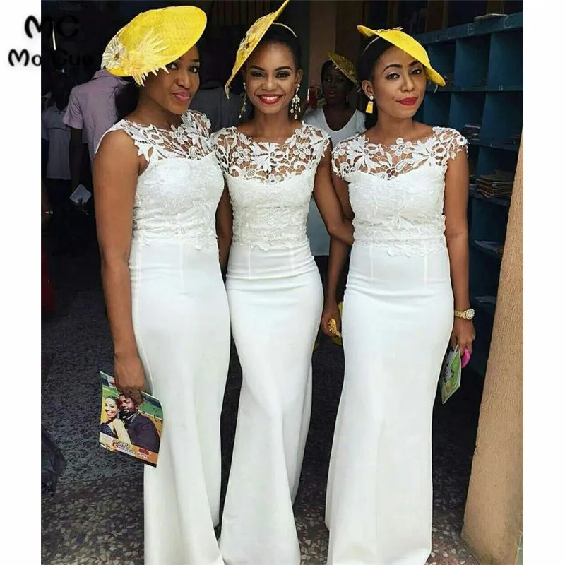 

2019 African Mermaid Bridesmaid Dresses Long with Lace White Wedding Party Dresses Elastic Satin Bridesmaid Dress Long for women