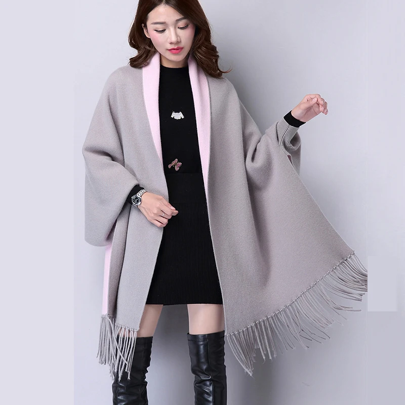 

Autumn Winter Causal Fashion Plaid Loose Tassel Knitted Cashmere Batwing Women Long Thick Poncho Capes Duplex Shawl Cardigan