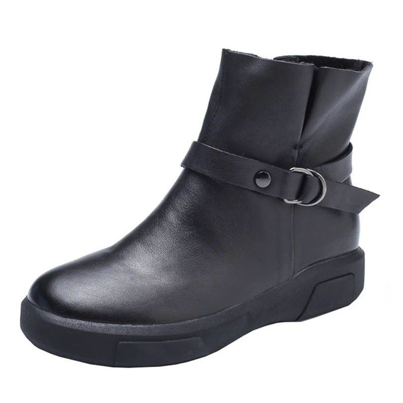Ankle Zipper Snow Riding Equestrian Solid Flat Boots Genuine Natural Cow Leather Woman Handmade Rubber Out Sole Female Shoes | Обувь
