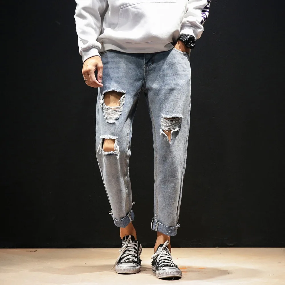 2018 новые модные мужские джинсы до щиколотки рваные джинсовые штаны колена хип