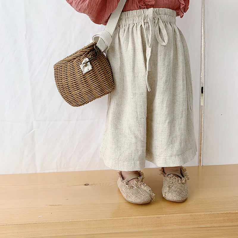 Детские тонкие брюки с широкими штанинами для девочек хлопковые и льняные штаны