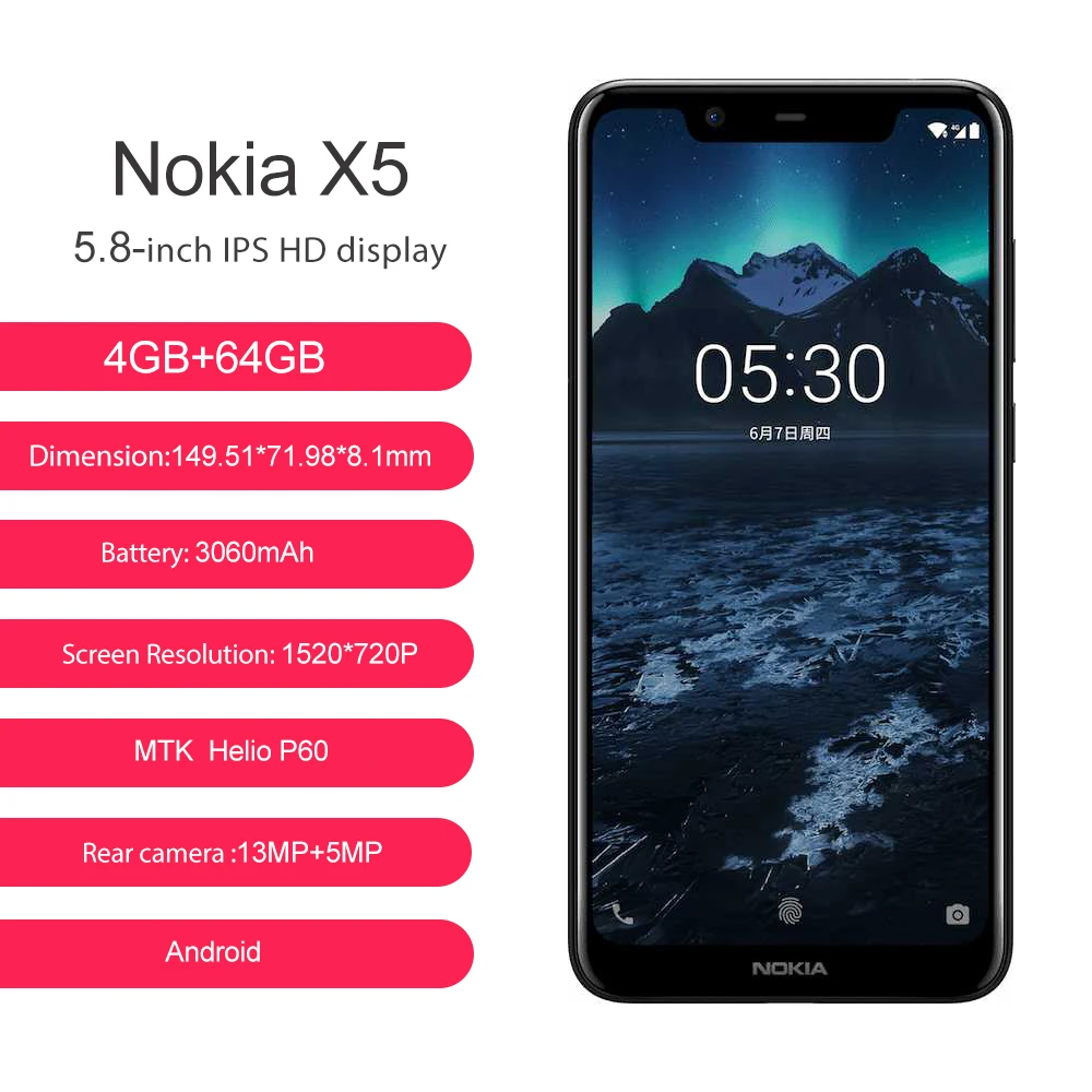 Nokia X5 4G RAM 64g ROM 5 86 '񟽤 мАч Octa Core 3 Камера 13MP и 5MP 8MP Dual Sim Android отпечатков пальцев